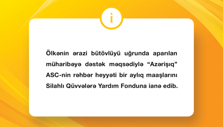 “Azərişıq” ASC-nin rəhbər heyyəti bir aylıq maaşlarını Silahlı Qüvvələrə Yardım Fonduna ianə edib